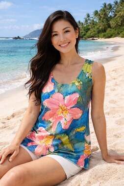 Pink Island Watercolor Floral Sleeveless Tank Top Size M